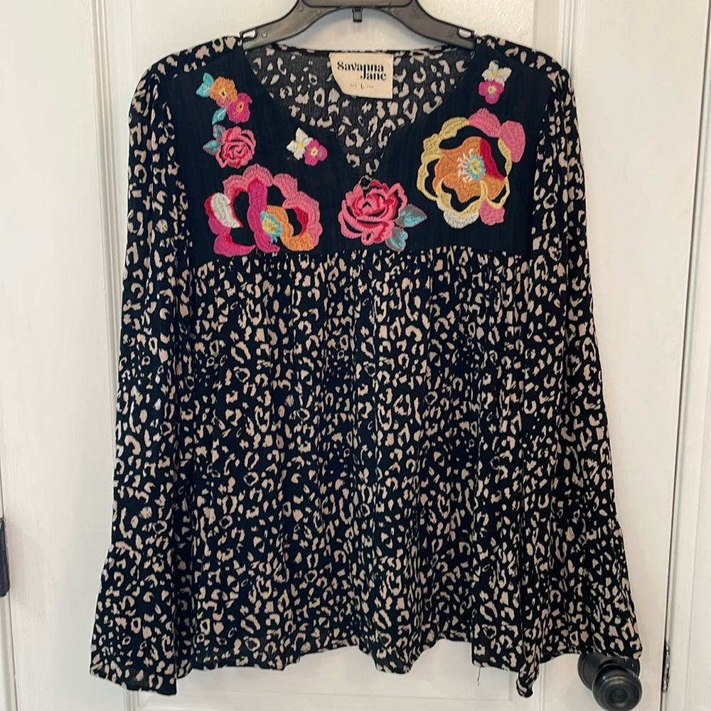 Savanna Jane embroidered bell sleeve top